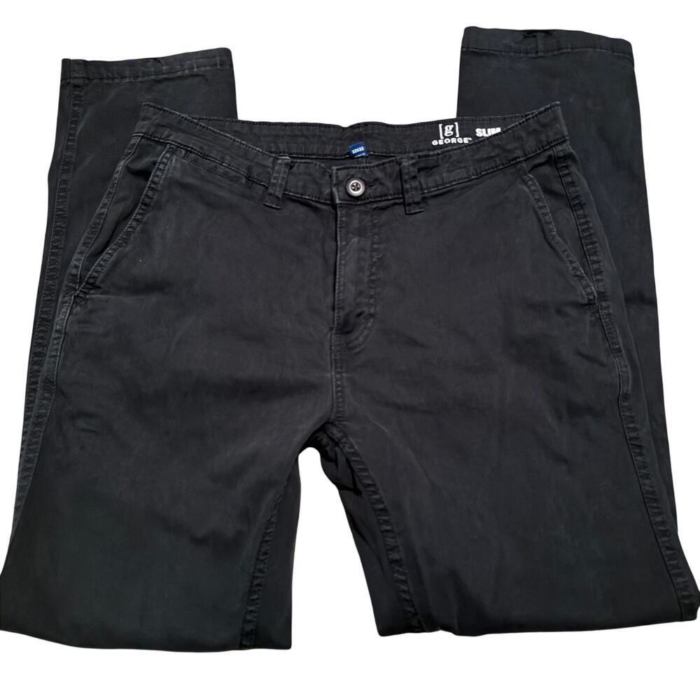 George Mens 32x32 Slim Fit Chino Pants Washed Black Stretch Twill Casual Trouser